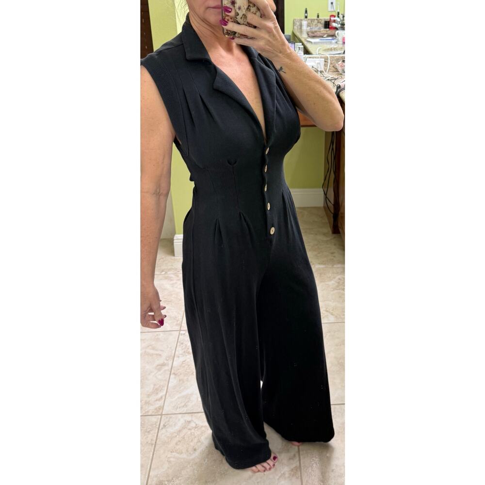 Free People Beach Black wide leg jumpsuit sleeveless V Neck button cutout XS - Picture 5 of 10